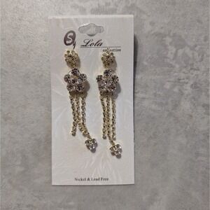 Lola Collection By Sy Gold Tone Flower Dangle Drop Earrings Clear White Stones